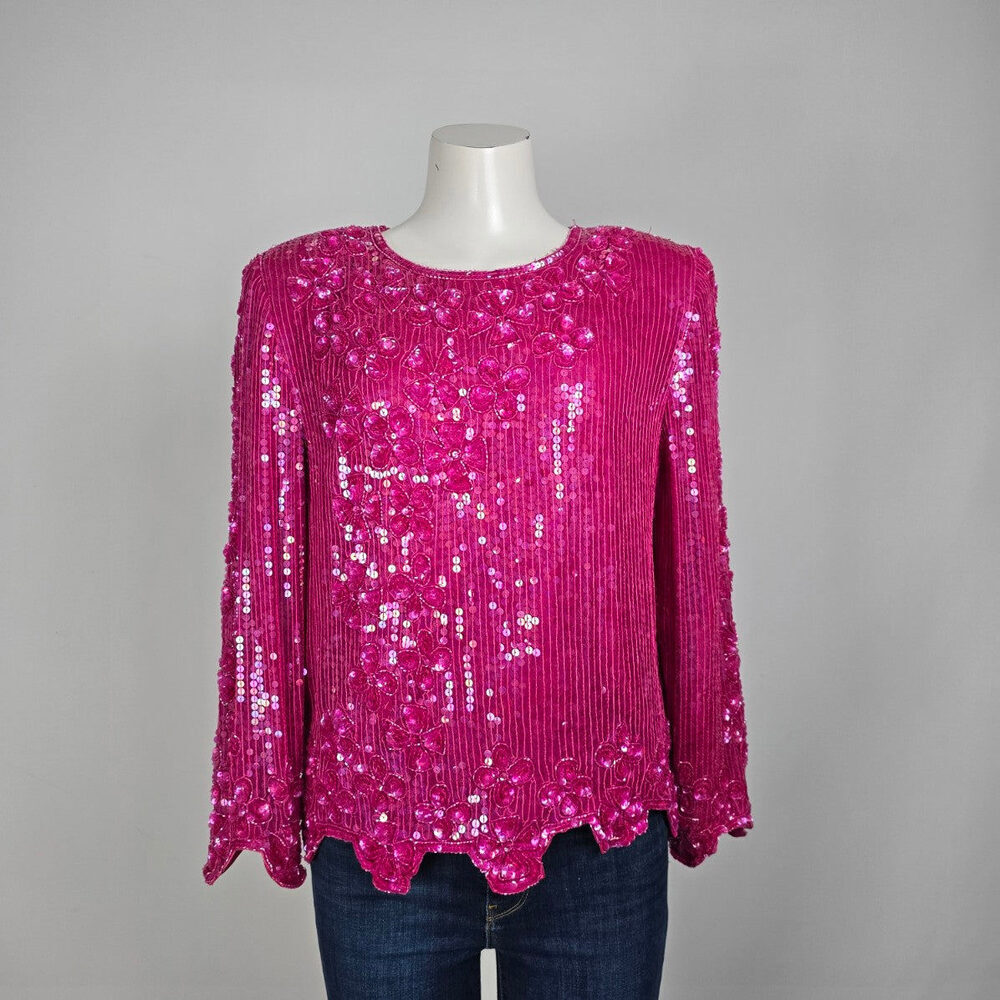 Vintage Scala Sequined Pink Floral Long Sleeve Blouse Top Size S